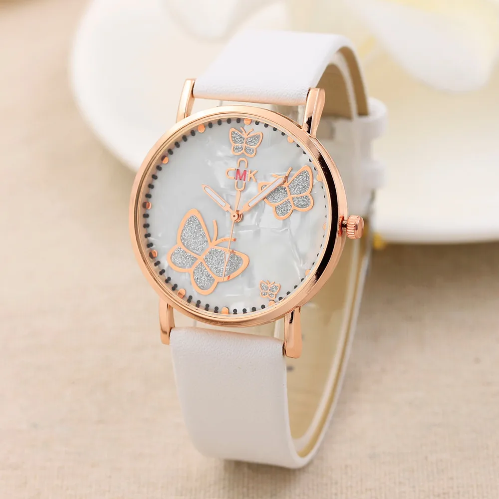 

Famous Brand Leather Watches Women Casual butterfly Quartz Wristwatches Ladies White Dial Sport Watch relogio feminine N50