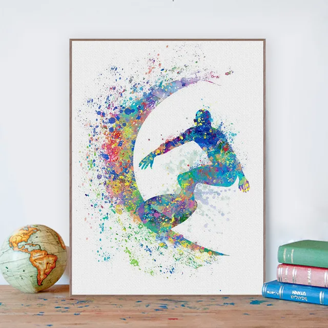 modern abstract watercolor surfing poster black white beach sports