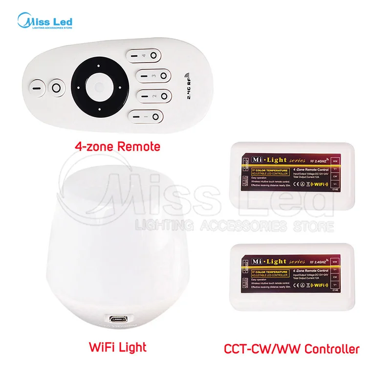 

Express 2.4G Remote+WiFi+2x WW/CW Controller 4-zones groups control controller dimmer For Warm/Cool White Led Strip Lamp Bulb