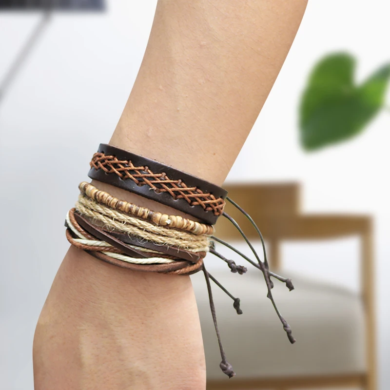 2018 New Men Bracelet Handmade Adjustable Multilayer Woven Leather Rope