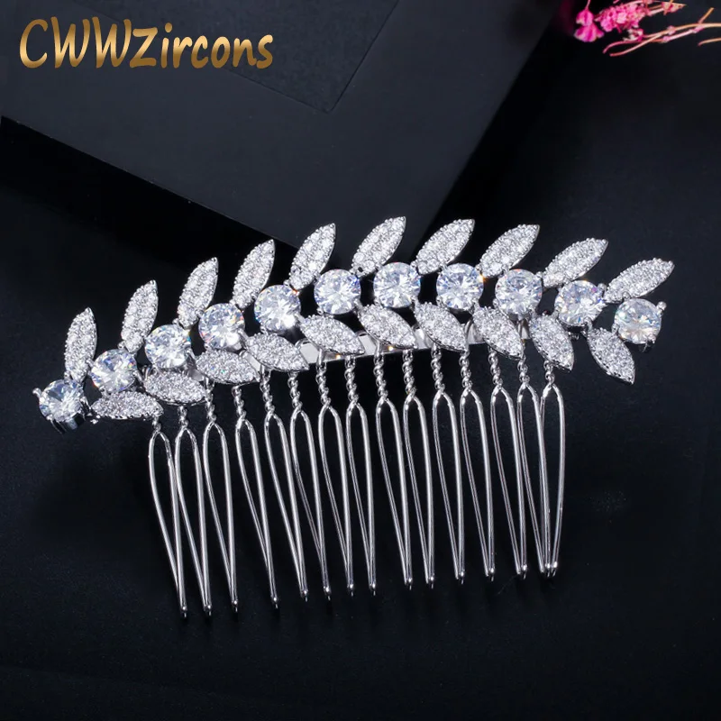 CWWZircons Luxury White Gold Color Shiny Cubic Zirconia Stone Leaf Bridal Wedding Hair Combs Pins Jewelry Accessories A011