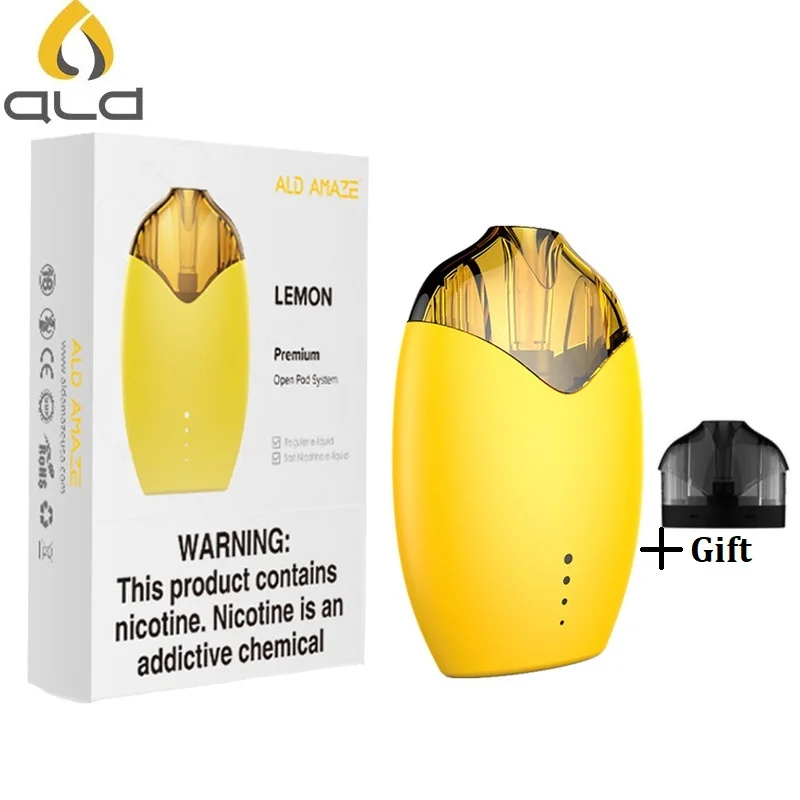 

Electronic Cigarette Vape Pod System ALD AMAZE LEMON 520mah Battery 1.0ohm 3ML Capacity dual-ceramic coil e cigarette vape pod