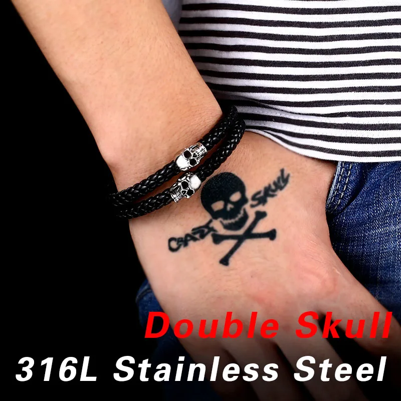 Steel Soldier Stainless Steel Punk Skull Leather Rope Bracelet Jewelry