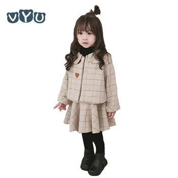 

2018 Autumn Winter Girls Sets Embroidery Heart Pattern Plaid Coat And Pleated Vest Dress 2 Pieces Girls Suits Kids Clothes
