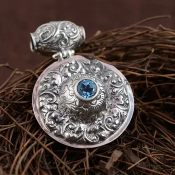 

S925 Sterling Silver Pendant, Antique Craft Mosaic Natural Blue Stone Pendant High quality woman's pendant