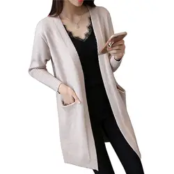 2018 Новый Для женщин свитер пальто Демисезонный средней длинный кардиган женский элегантный карман вязаная верхняя одежда модная накидка
