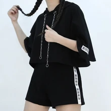 Harajuku китайская Буква вышивка цепи короткий рукав Повседневная Уличная Свободная Женская футболка с капюшоном