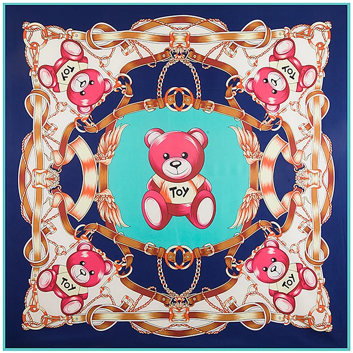 

130cm*130cm Women 2017 New Fashion Twill Silk Euro Brand Cute Cartoon Little Bear Toy Printed Square Scarf Hot Sale Femal Wrap