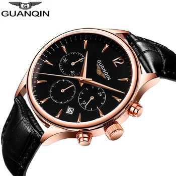

GUANQIN Fashion Sport Watch men Top brand Luxury Chronograph Quartz Watch Stopwatch Calendar Waterproof leather Relojes hombre