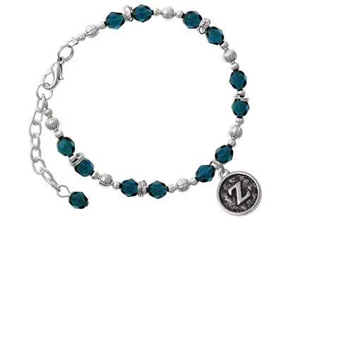 Silvertone Antiqued Round Seal - Initial - Z - Navy Blue Beaded Bracelet
