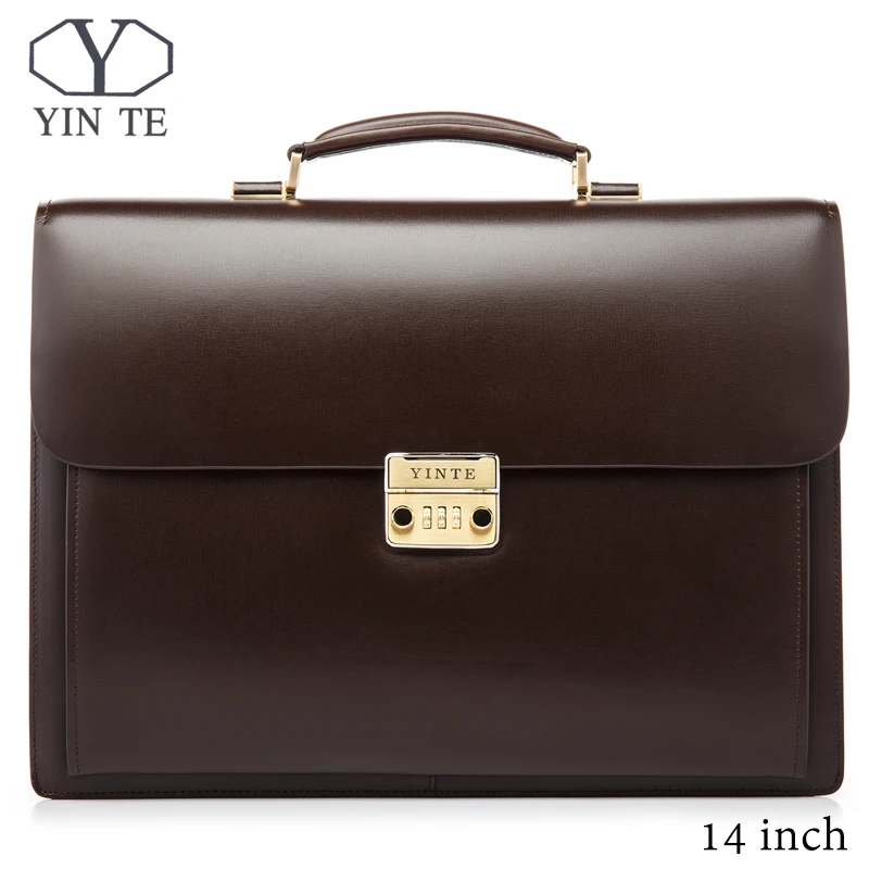 

YINTE Leather Mens Briefcase High Quality Business Men Laptop Bag Brown Lawyer Handbag Document Case Totes Portfolio T8158-5