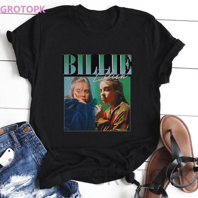 

Womens T Shirts Billie Eilish Print 90s Vintage Black T-Shirt for Women Tops Tee Polyester Casual Street Clothing Vogue Tops