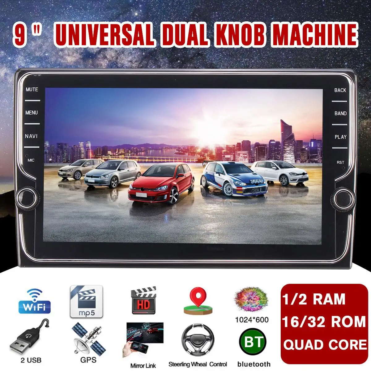 

Car Multimedia Player 9" 1G+16G/2G+32G for Android 8.1 Stereo with Dual Knob Wifi bluetooth GPS Nav Quad Core FM Radio Player