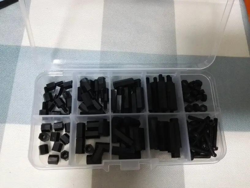 

120pcs/lot M3 plastic nylon black hex spacer screws nuts female to male spacer stand off with box assortment kit hardware63