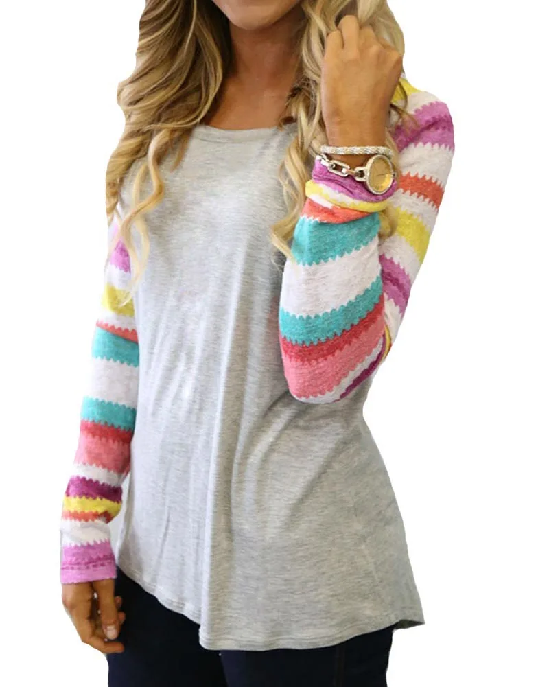 

Hitmebox 2019 New Fashion Autumn Winter Women Long Sleeve Printed Multi-colors Striped Tops Ladies Casual Dovetail Tee Shirts