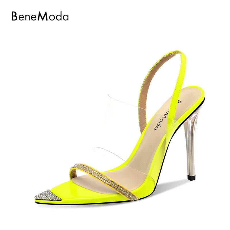 BeneModa 2019 الصيف وأشار اصبع القدم حزام الإناث عالية الكعب الأصفر الأزياء مثير الفاخرة صندل نسائي سوبر عالية حقيقية أحذية من الجلد