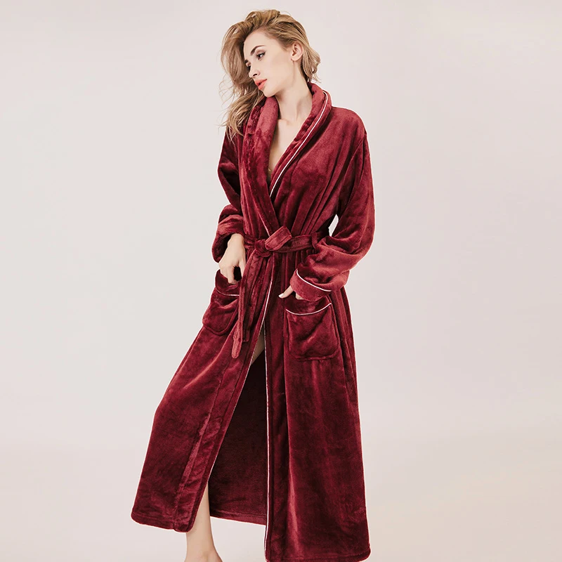 Autumn Winter Long Women Robe Flannel Bathrobe Women Nightgowns Coral