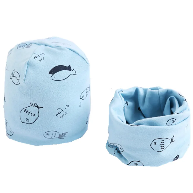 light blue fish set Новые Хлопковые плюшевые шапки для девочек с шарфом Фрукты Сова-овца Звезды Львиная шапочка для мальчиков Детская шапка с шарфом и воротником Комплект хлопчатобумажной шапки для детей - Цвет: light blue fish set