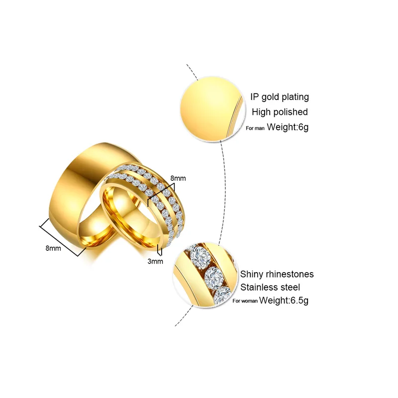 Meaeguet Gold-color Stainless Steel Two Row Lines Crystal Ring Wedding Bands for Women Men Couple Wedding Engagement Jewelry