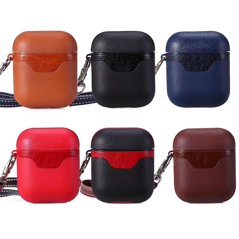 

Leather Case For AirPods Wireless Charge Protective Hard Cover Bag Vintage Matte Hook For Apple Air pods with Keychain strap