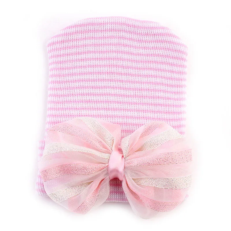 Вязаная крючком Детская зимняя шапка, шапка для новорожденного с бантом для маленьких девочек, хлопковая вязаная Шапочка, Детские Полосатые шапки, шапка для малышей, аксессуары - Цвет: pink stripe