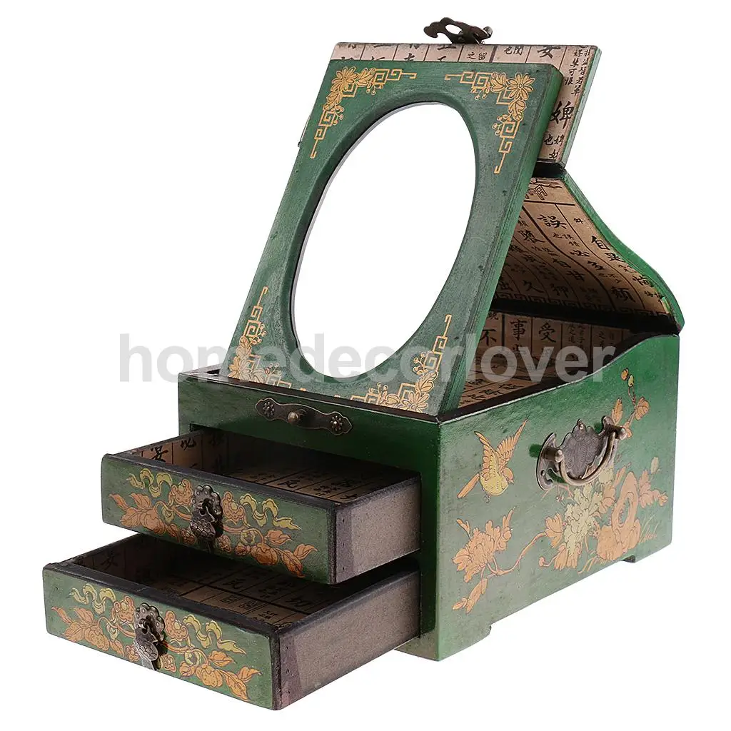 Vintage Wooden Dresser 2 Drawer 1 Mirror for Jewelry Storage Case Box Yellow