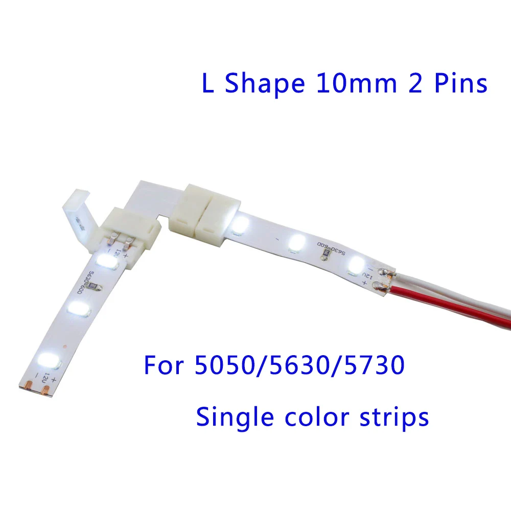 

L shape connectors right angle corner 10mm 2 Pins usage for 5050/5630/5730 Single color strips. 5pcs/lot