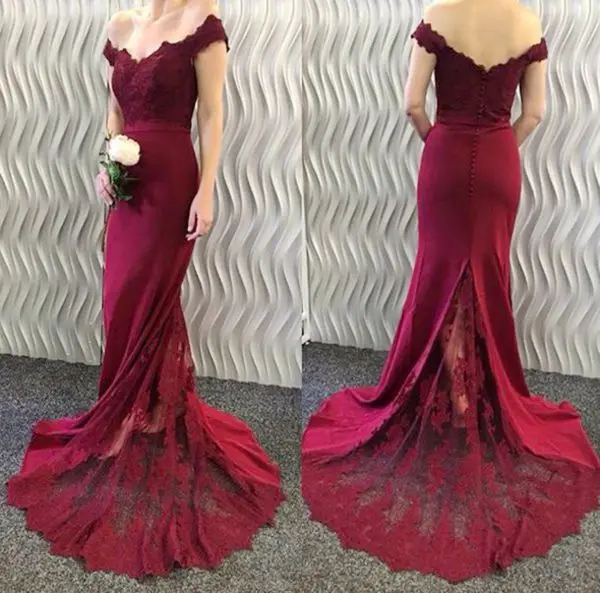 

Burgundy 2019 Cheap Bridesmaid Dresses Under 50 Mermaid Off The Shoulder Lace Long Wedding Party Dresses For Women