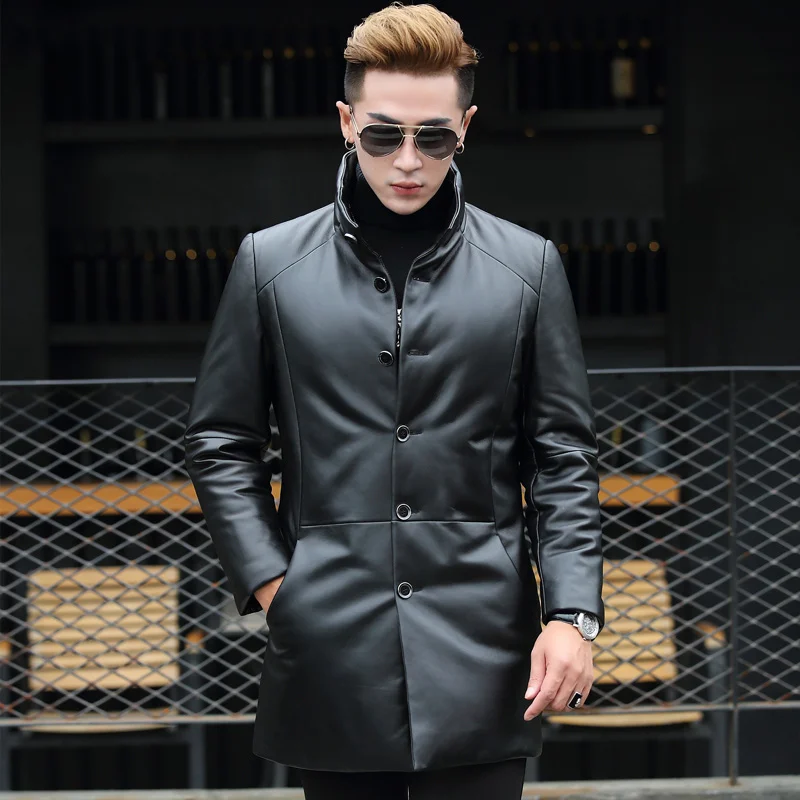 AYUNSUE Winter Genuine Sheepskin Leather Jacket Men's Sheepskin Coat Long Thick Warm Parka Homme Outerwear T-01-1737 KJ1612 - Цвет: Black