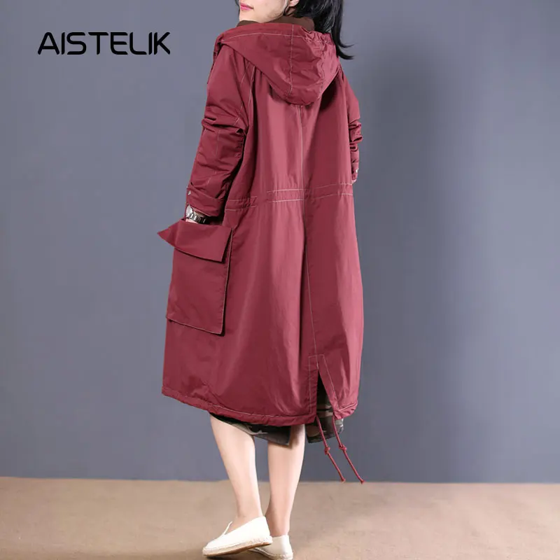 Autumn clothing female 2018 new Korean version of the loose large size cloth literary double pocket hooded windbreaker jacket. Coats