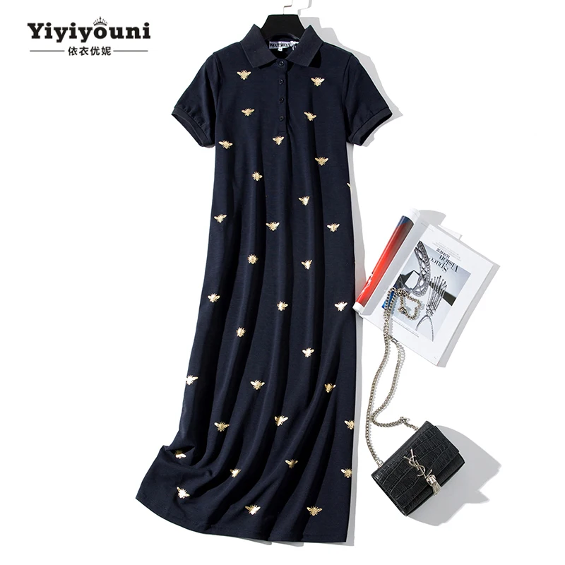 Yiyiyouni Long Bee Print Turn-down Shirt Dresses Women 2019 Summer Casual Straight Ankle-Length Polo Dress Female Pockets Cotton