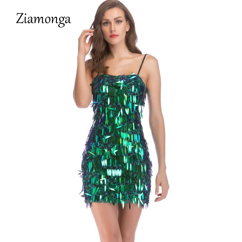 

Ziamonga New Arrival Sequined Sexy Spaghetti Strap Sleeveless Bodycon Women Dress Club Wear Female Mini Cocktail Party Dresses