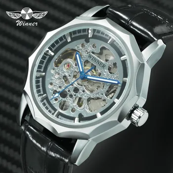 

WINNER Official Fashion Sports Men's Automatic Mechanical Watch Leather Strap Skeleton Dial Casual Wristwatches for Man 2019