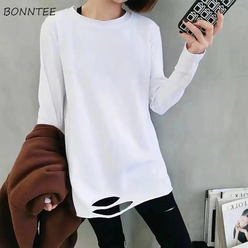 

Long Sleeve T-shirts Women Solid Colour Simple Trendy Hollow Out Loose Elegant All-match Womens White Streetwear Ladies 2019 New