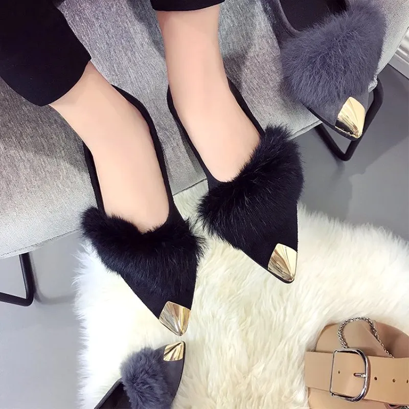 

SLHJC Women Flats Metal Toe Flat Heel Pointed Toe Flat Heel Fur Shoes Casual Daily Flats Autumn Winter Shoes
