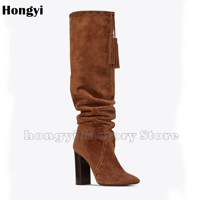 Fashion Brown Suede Leather European Style Fringe Designer Block Heeled Boots Women Pointed Toe knee High Gladiator Booty цена Fashion Brown Suede Leather European Style Fringe Designer Block Heeled Boots Women Pointed Toe knee High Gladiator Booty цены онлайн
