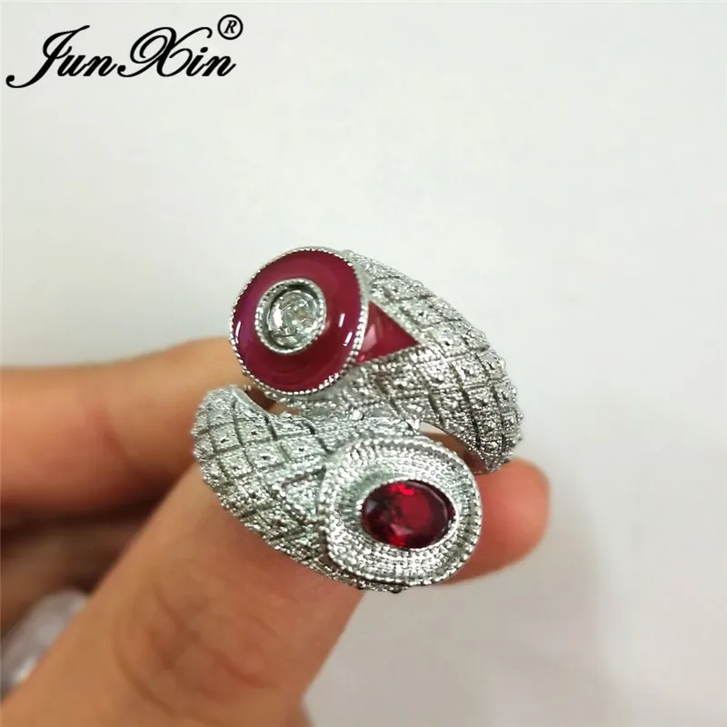 JUNXIN Luxury Red Stone Wedding Rings For Women Men Antique 925 Silver Filled Square Zircon Big Finger Ring Male Female Jewelry