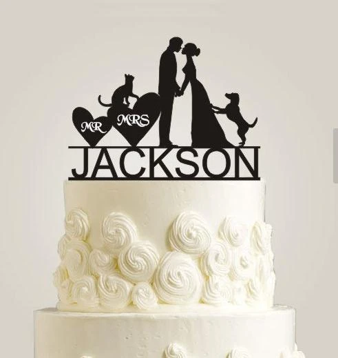 パーソナライズされたグリッターの結婚式のケーキトッパーカップルシルエット犬と猫花嫁と新郎イニシャル日付 Silhouette Wedding Cake Topper Silhouette Cake Topperssilhouette Wedding Aliexpress