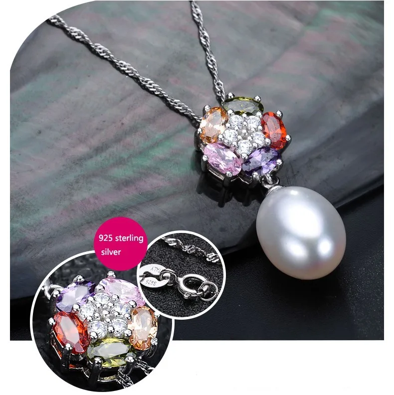 ZHBORUINI жемчужный комплект ювелирного изделия с натуральным камнем пресноводный жемчуг 925 Серебро Цвет Цветок Серьги Подвески для женщин подарок