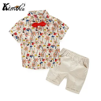 

Kimocat new children clothing kids Summer short-sleeved bow floral shirt suit 2pcs (Shirt + casual shorts)