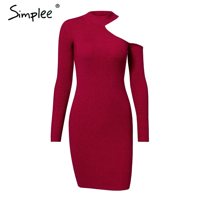 Осенне-зимнее облегающее мини-платье Simplee, пикантное платье-свитер с вырезами на плечах, элегантное красное платье с длинным рукавом