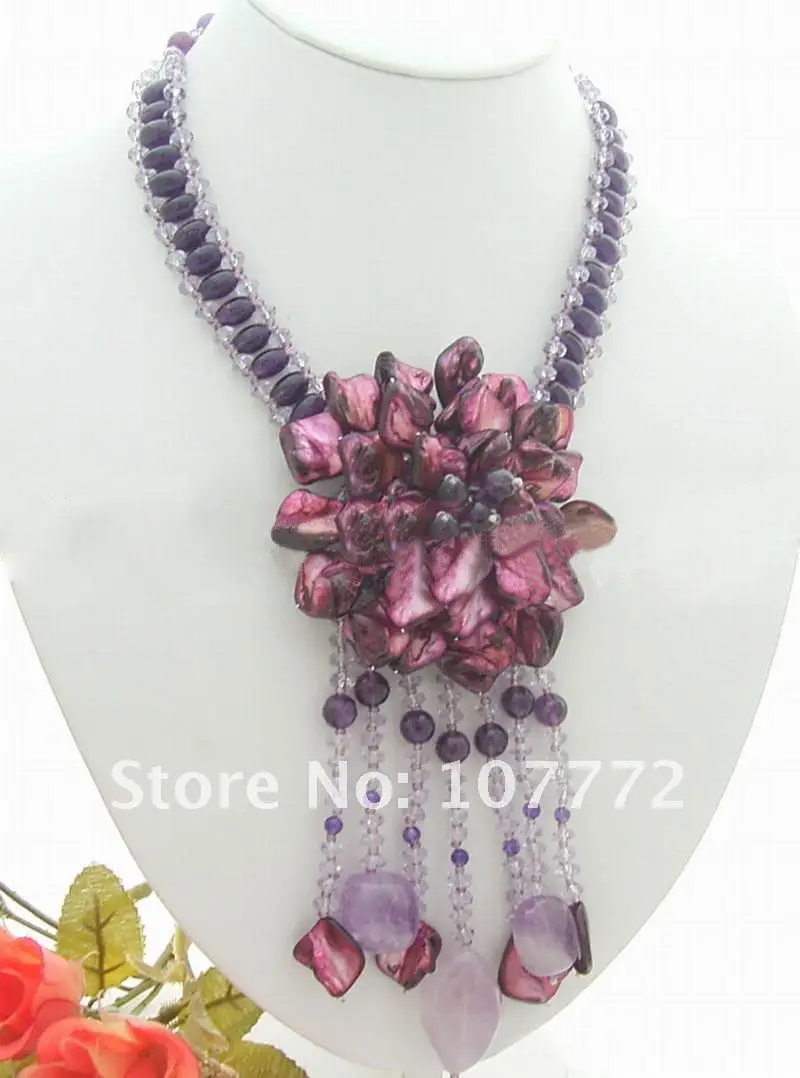 

purple crystal&Onyx&Shell Flower Necklace
