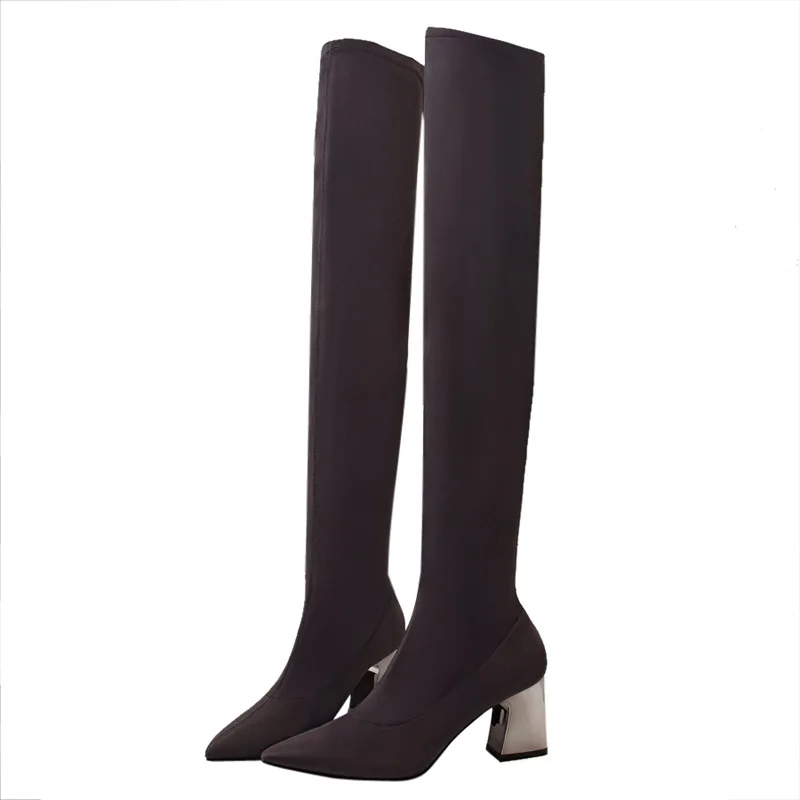 Size34-39 Женские Сапоги выше колени сапоги женские стрейч ткани женская обувь без
