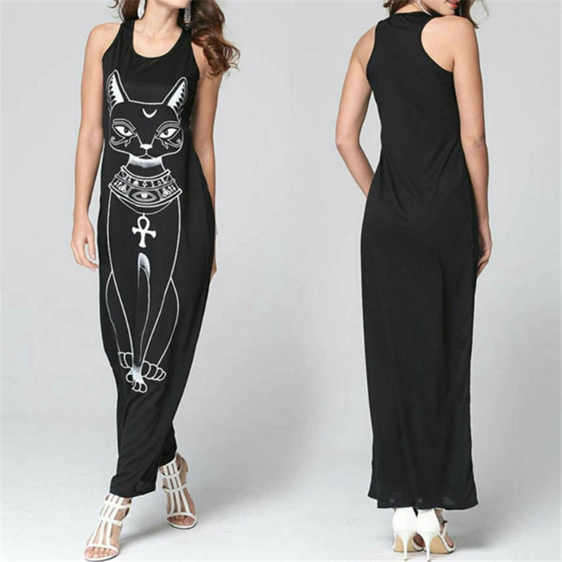 Print Dresses Cat print Women Summer Sexy Casual Boho Long Maxi Evening Party Beach Dress