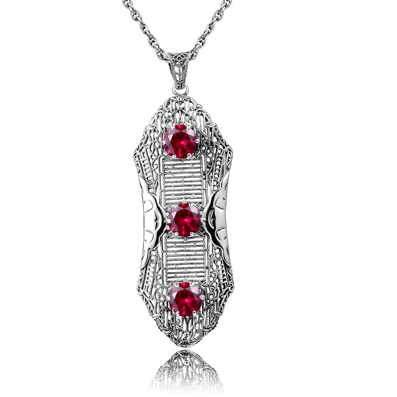 

Vintage Sterling Silver Necklace Pendant for Women Wedding Party Fine Jewelry Palace Hollow 925 Sliver Lab Ruby Choker Pendant