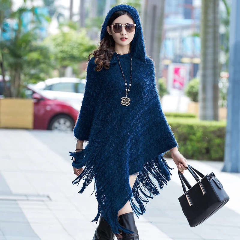 

Women Cloak Hooded Sweaters Knit Batwing Top Poncho Hood Cape Coat Tassel Sweater pullovers