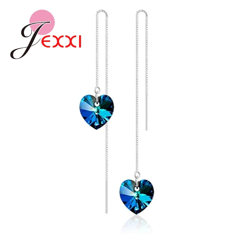 

Austrian Crystal Heart 925 Sterling SIlver Thread Box Line Chains Earrings Jewelry Fashion Party Accessory for Women