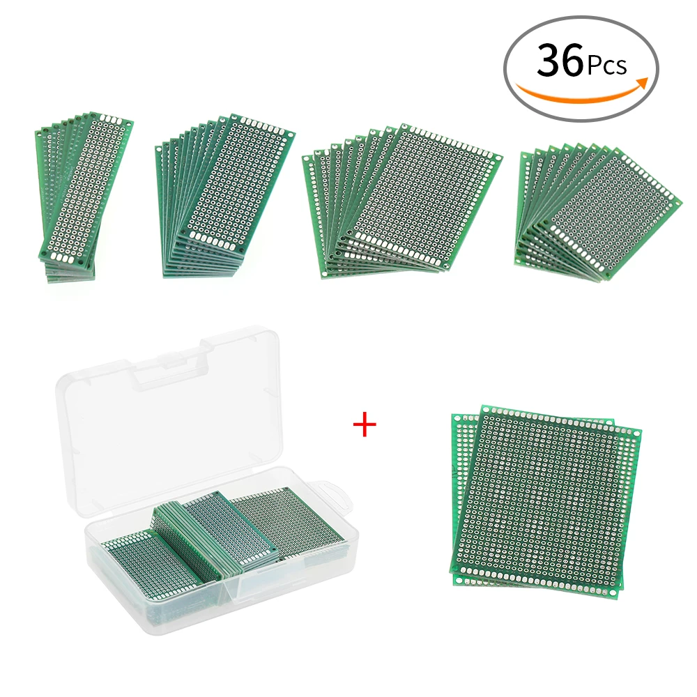 

36pcs Double Sided PCB Board Kit Universal Printed Circuit Protoboard +Transparent Case for DIY Soldering Electronic Projects