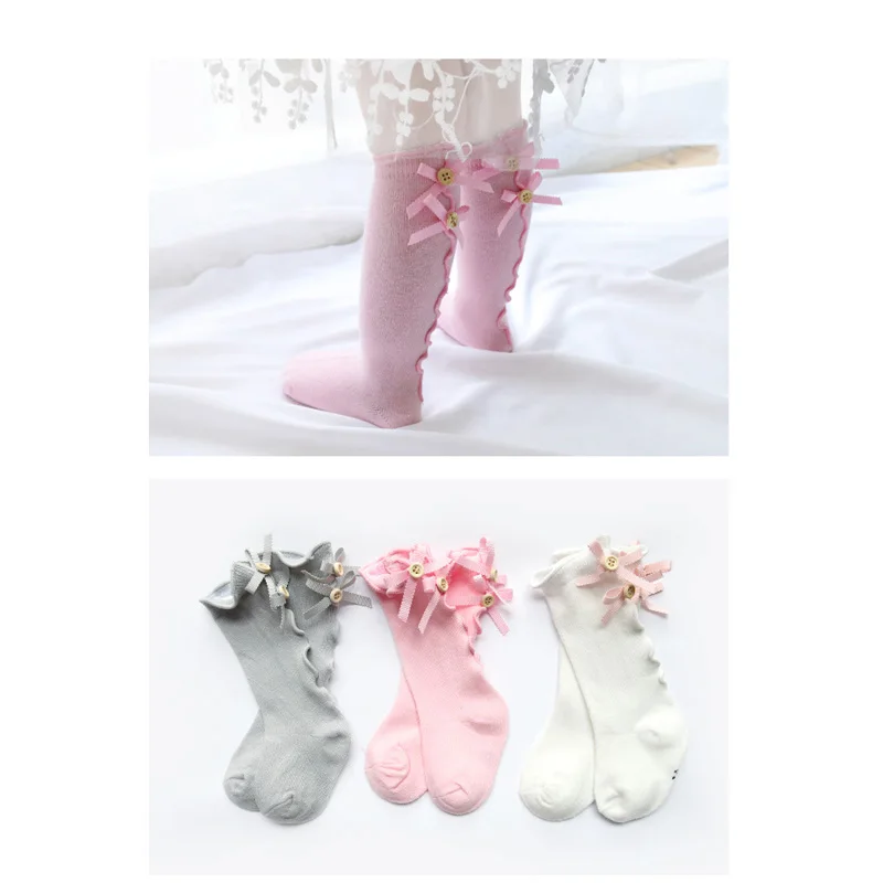 Теплые хлопковые носки с бантом для девочек от 0 до 8 лет однотонные теплые