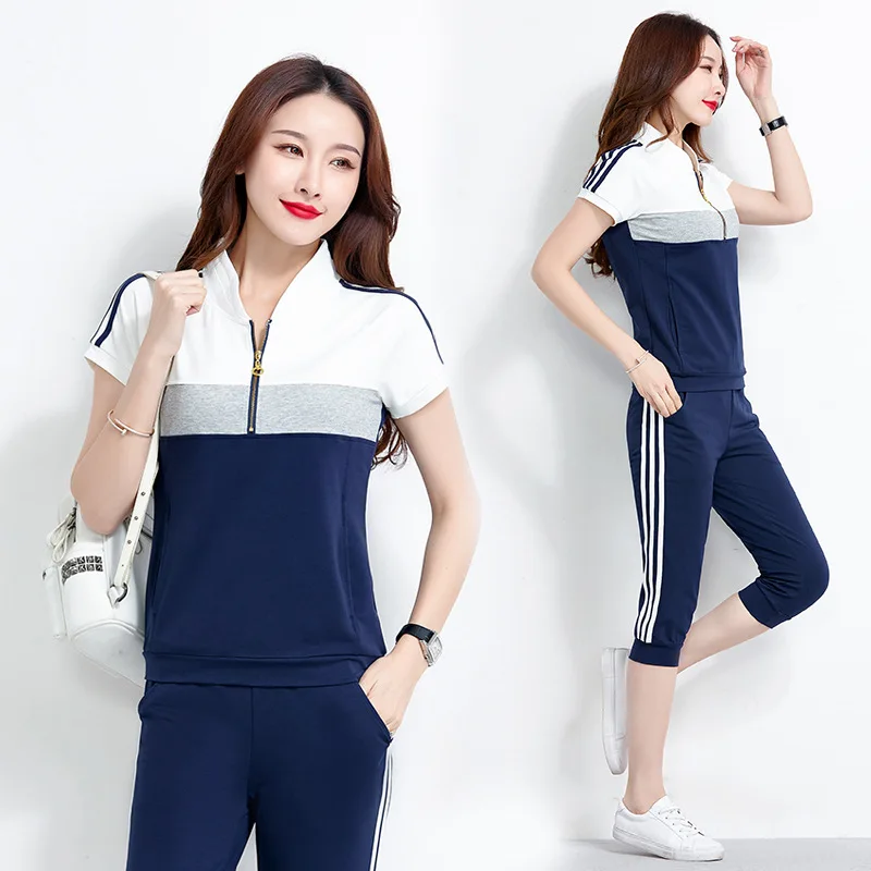2 Piece Set Women Color Block Short Sleeve T Shirt Top and Capri Pants Set 2019 Summer Tracksuit Women Sporting Suit Clothing